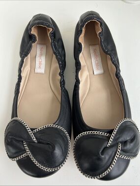 See By Chloe Black Leather Chain-Trim Knot Ballet Flats 38 7.5 8 Like New